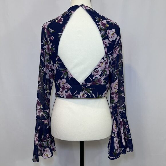 Essue crop top sheer flounce sleeve dark blue pink purple womens M - Picture 6 of 16